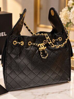 Black Quilted Chain Shoulder Bag Gold Tone Hardware Large Tote